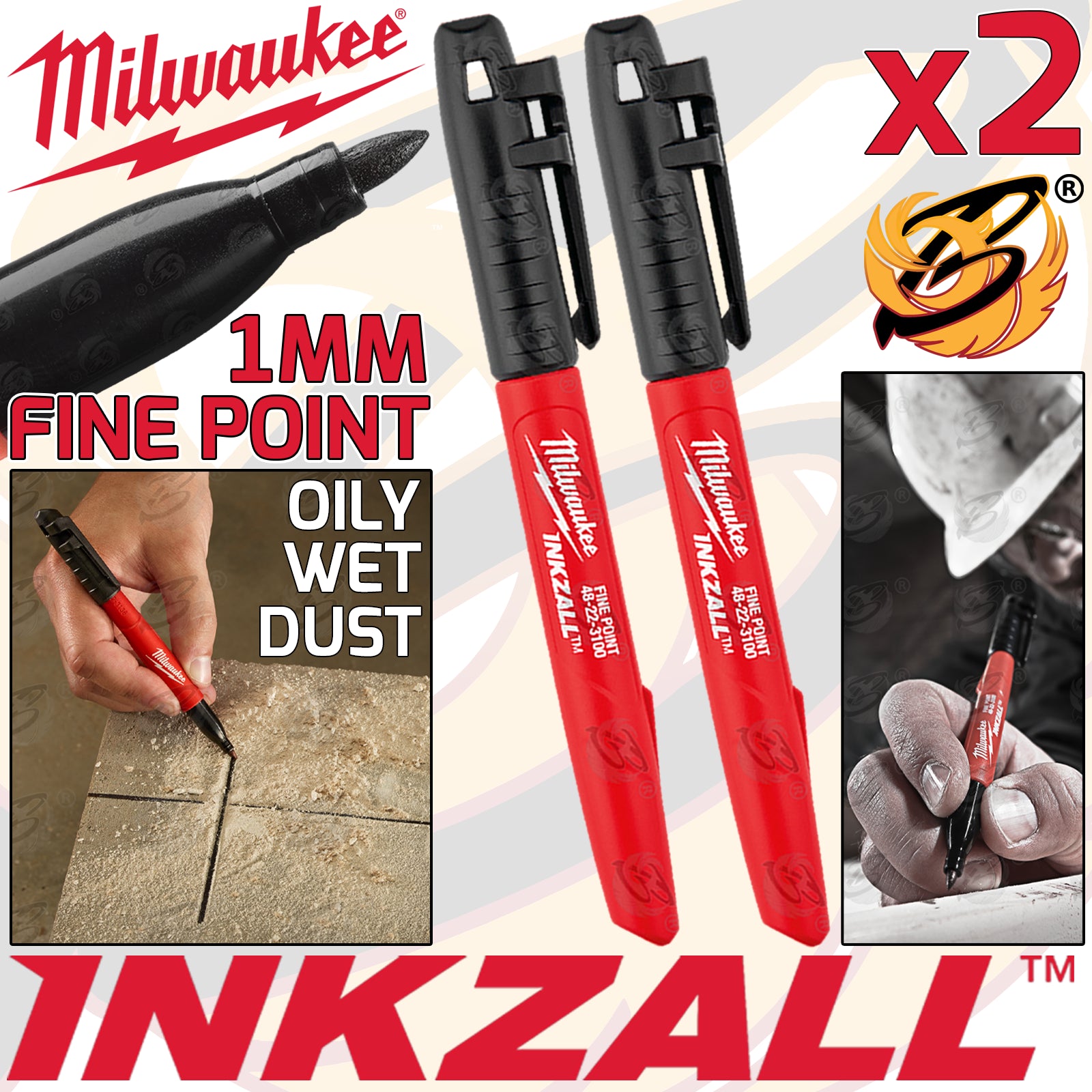 MILWAUKEE INKZALL 1mm ALL SURFACE MARKER PEN ( x2 )
