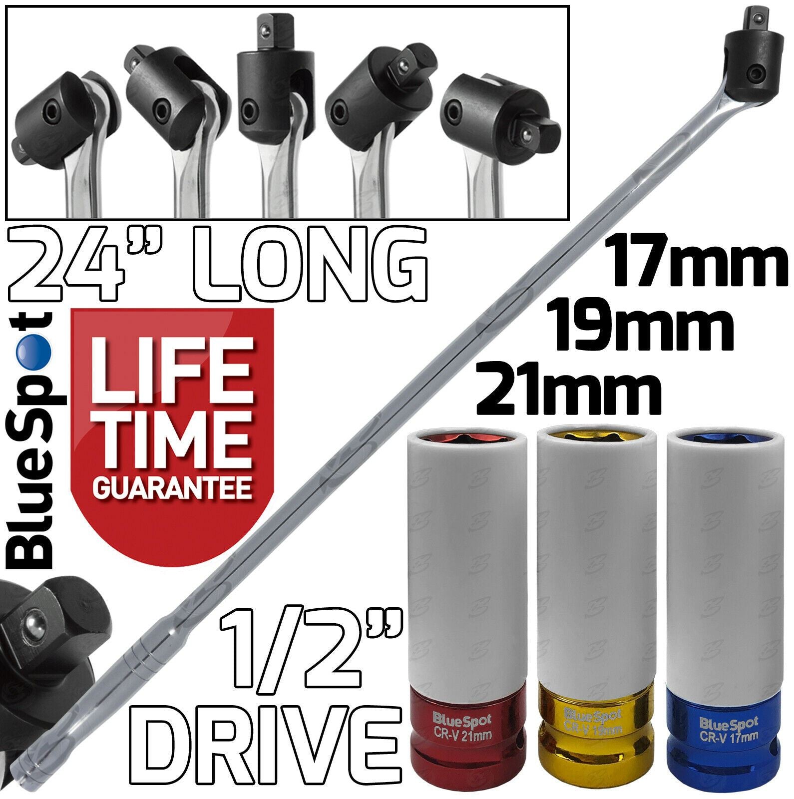 BLUESPOT 1/2" DRIVE 24" LONG BREAKER BAR & 3PCS 6 POINT ALLOY WHEEL NUT SOCKETS 17MM - 19MM - 21MM