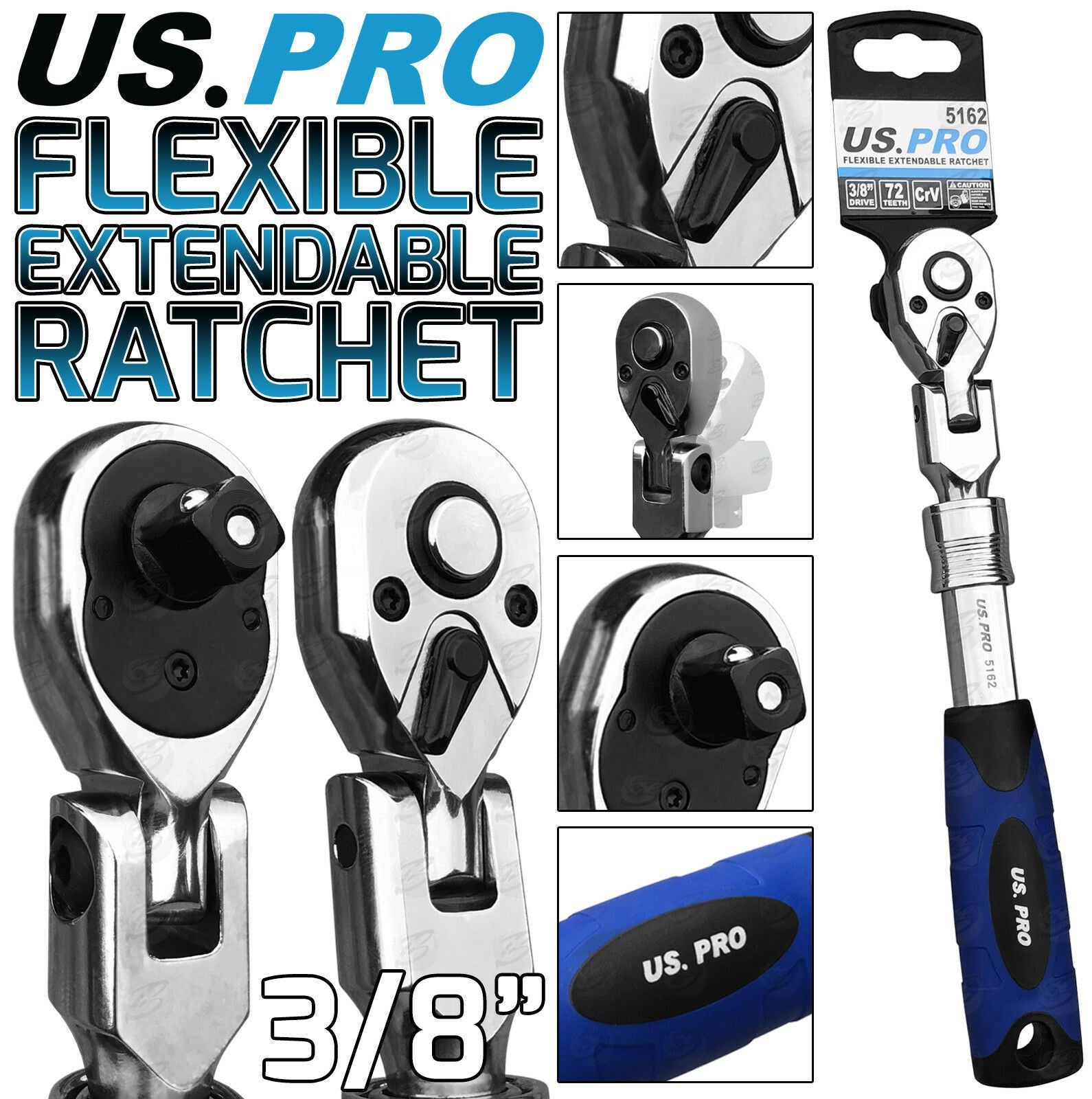 US PRO 3/8" DRIVE 72 TOOTH FLEXI HEAD EXTENDABLE RATCHET HANDLE