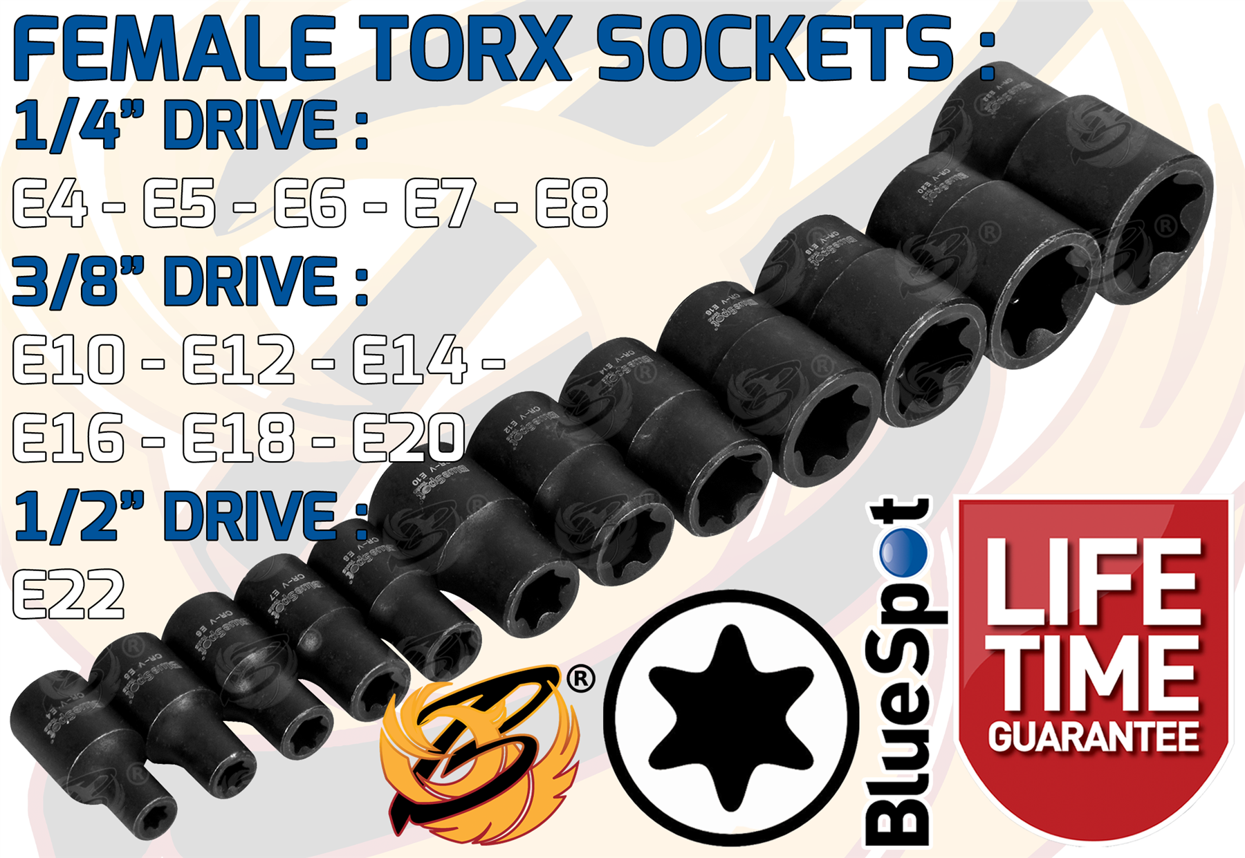 BlueSpot 25 Piece 1/4" & 3/8" & 1/2" Drive Torx & E - Torx Sockets ( E4 - E22 ) ( T8 - T60 ) ( 01587 )