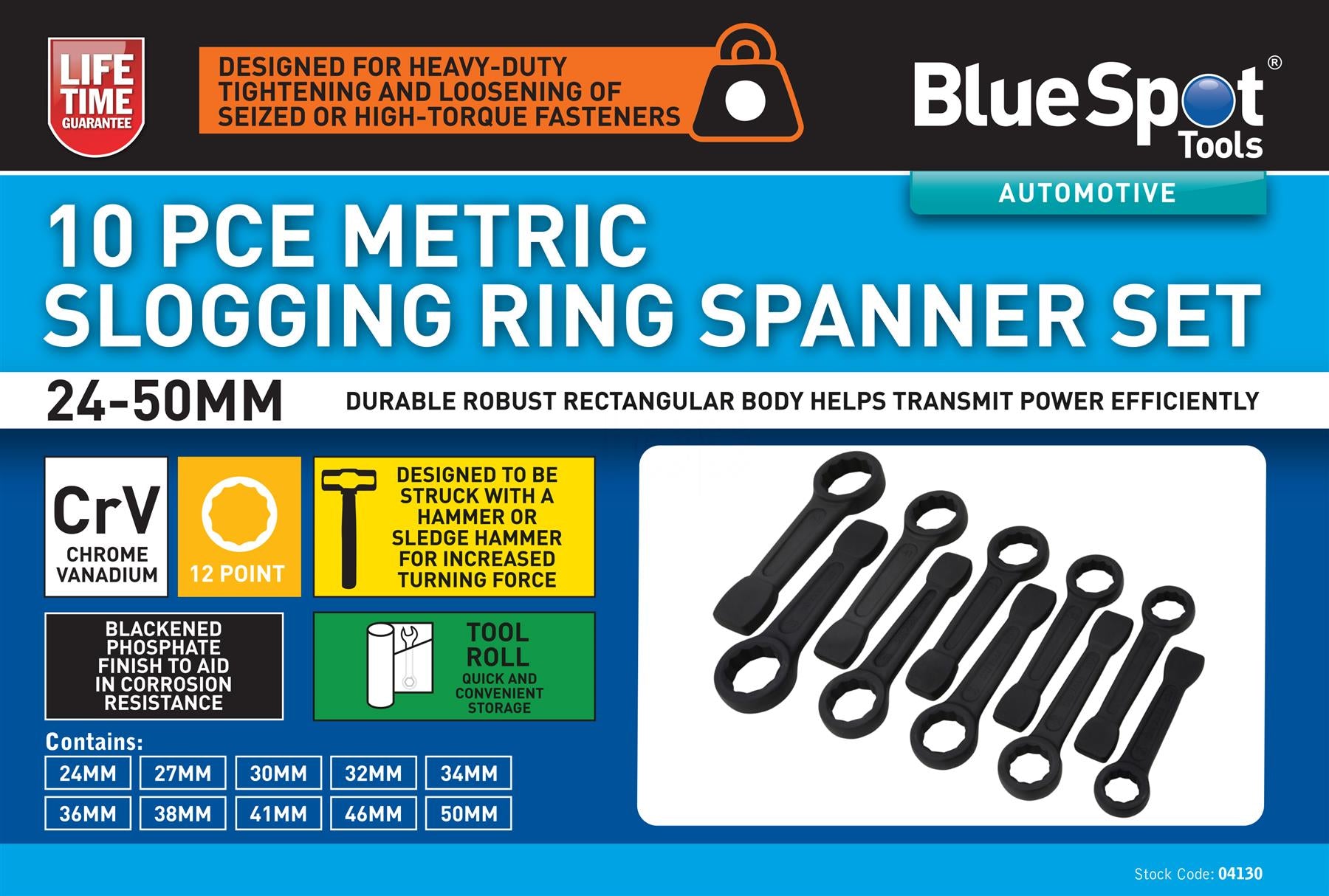 BlueSpot 10 Piece Metric Slogging Ring Spanners ( 24mm - 50mm )  04130