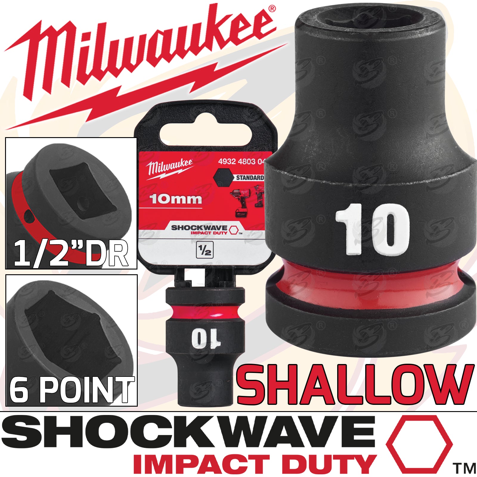 MILWAUKEE 10MM 1/2" DRIVE 6 POINT SHALLOW IMPACT SOCKET ( SINGLE )