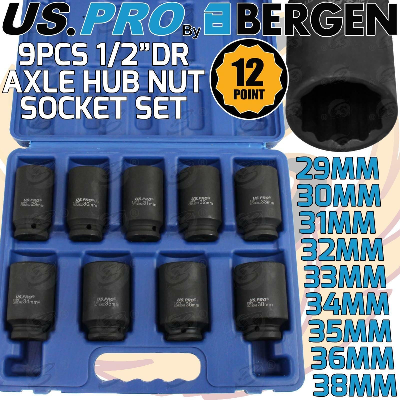 US PRO 9PCS 1/2" DRIVE 12 POINT DEEP IMPACT SOCKETS 29MM - 38MM