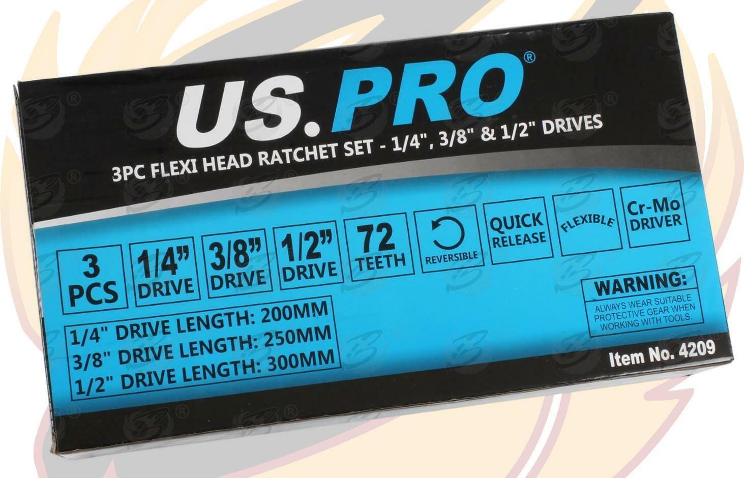 US Pro 3 Piece 1/4" & 3/8" & 1/2" Drive 72 Tooth Flexi Ratchet Handles  4209