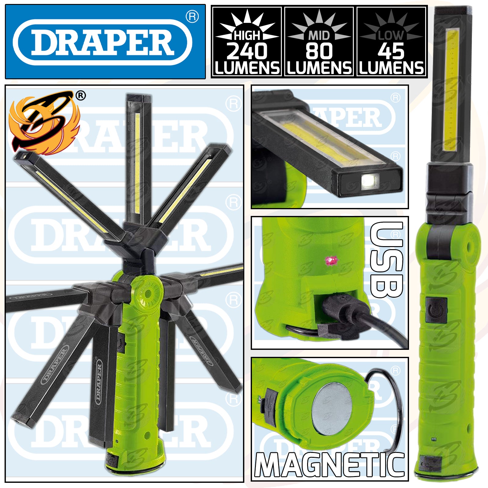 DRAPER RECHARGEABLE LI - ION COB SMD SLIMLINE INSPECTION TORCH ( GREEN )