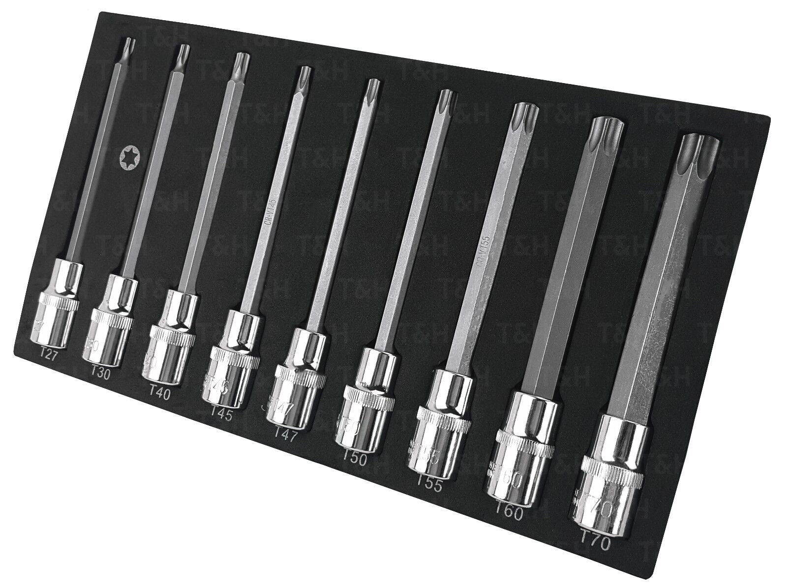 US Pro 9 Piece 1/2" Drive Extra Long Torx Bit Sockets T27 - T70  3304