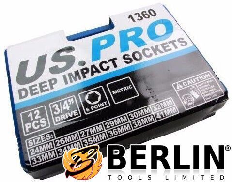 US Pro 12 Piece 3/4" Drive 6 Point Deep Impact Sockets 24mm - 41mm  1360