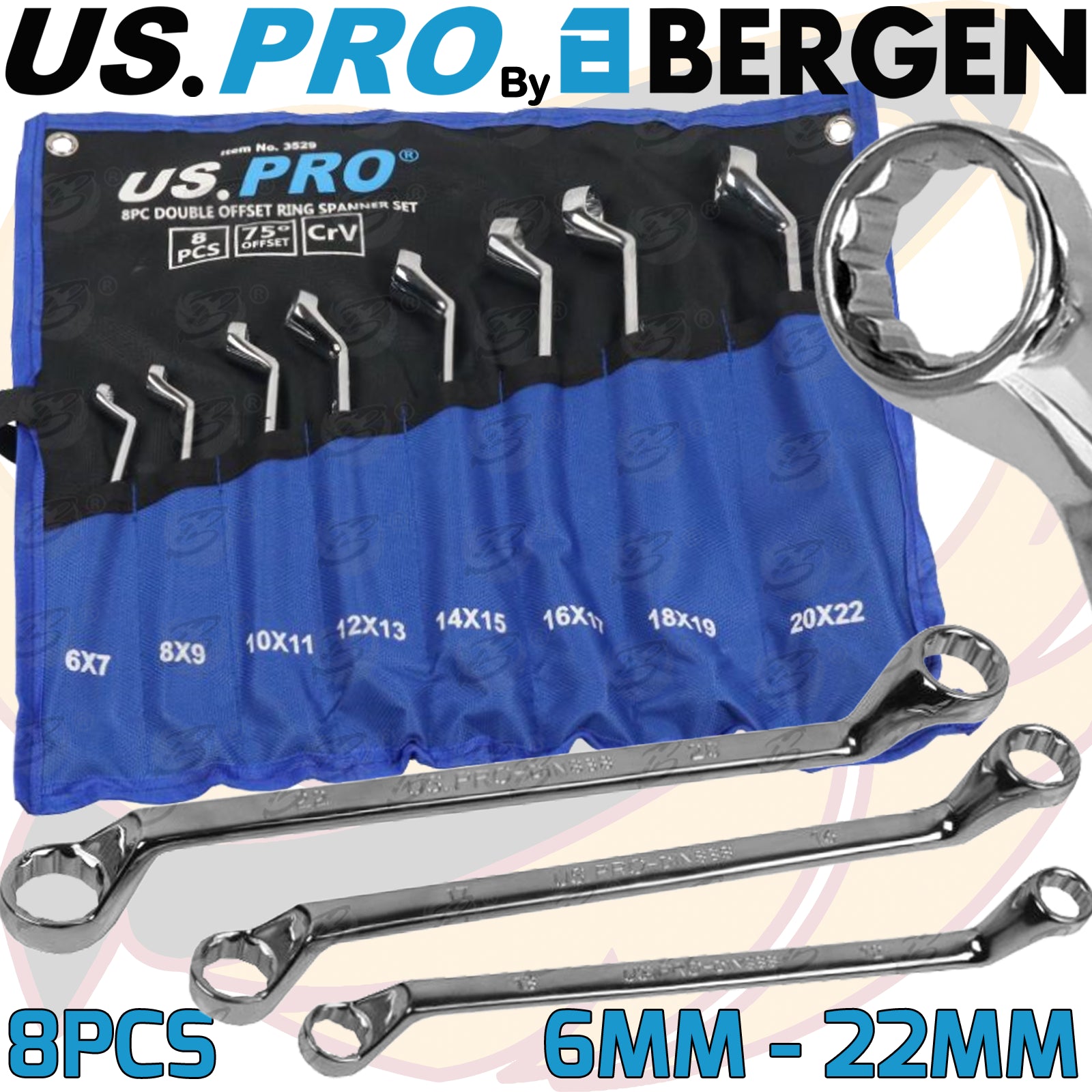 US PRO 8PCS OFFSET DOUBLE RING 12 POINT SPANNER 6MM - 22MM