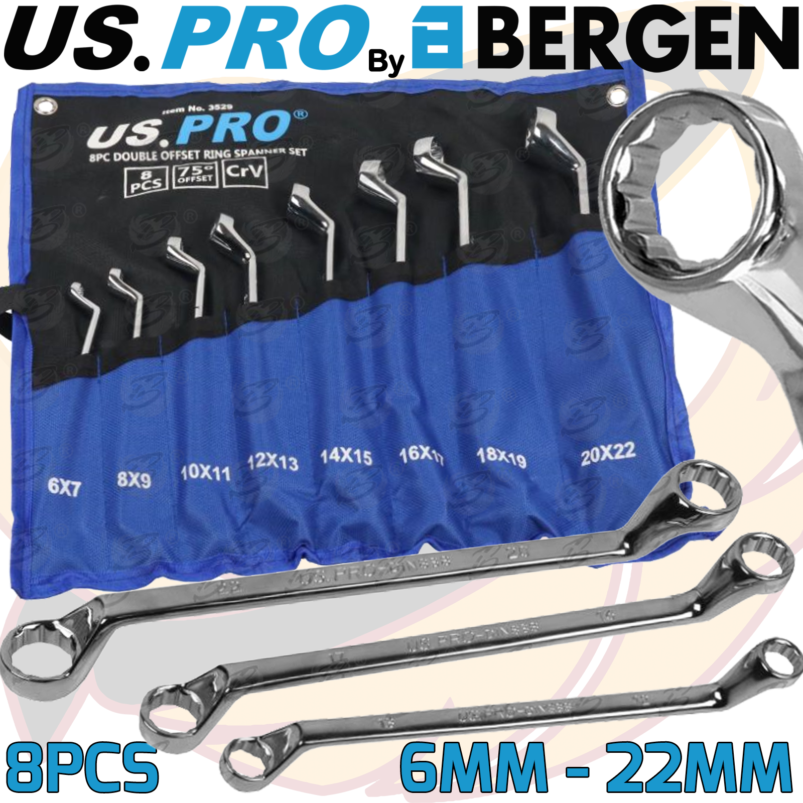 US Pro 8 Piece Offset Double Ring 12 Point Spanner 6mm - 22mm  3529