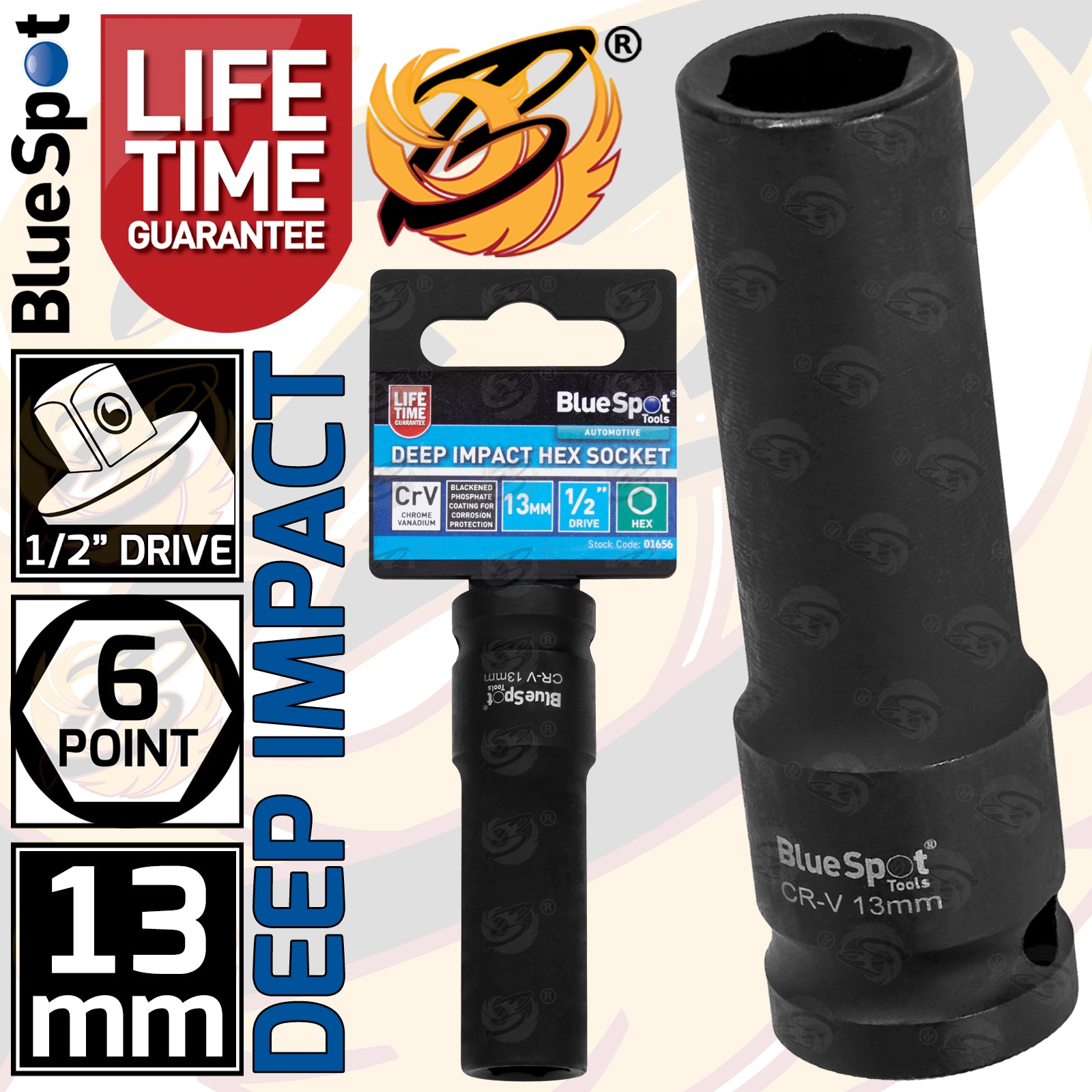 BLUESPOT 13MM 1/2" DRIVE 6 POINT DEEP IMPACT SOCKET ( SINGLE )