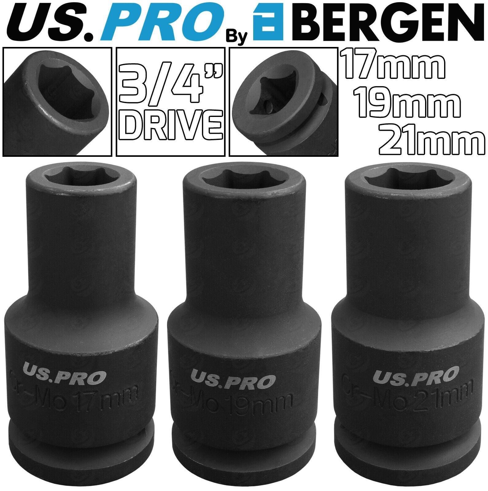 US PRO 3PCS 3/4" DRIVE 6 POINT DEEP IMPACT SOCKETS 17MM - 19MM - 21MM