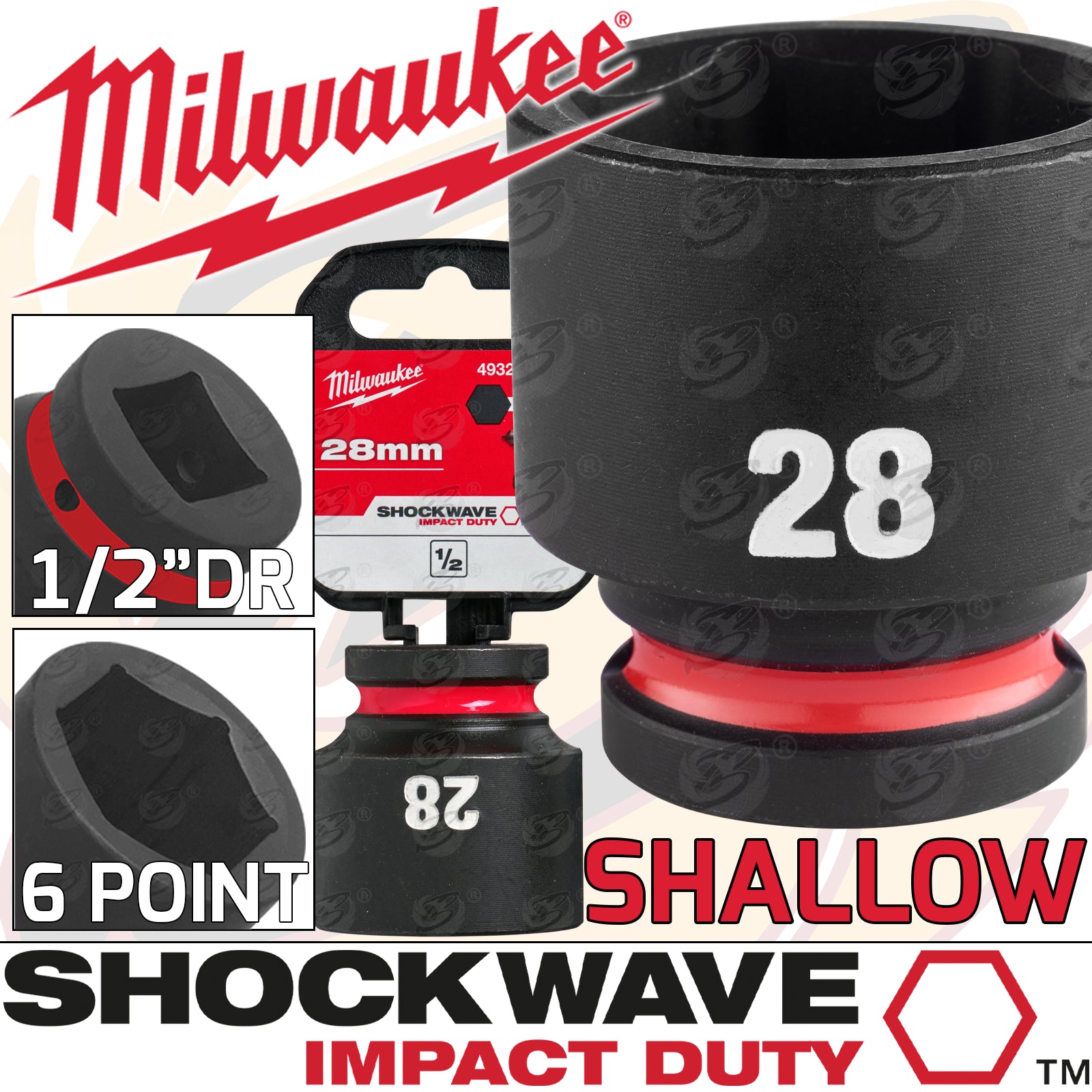 MILWAUKEE 28MM 1/2" DRIVE 6 POINT SHALLOW IMPACT SOCKET ( SINGLE )