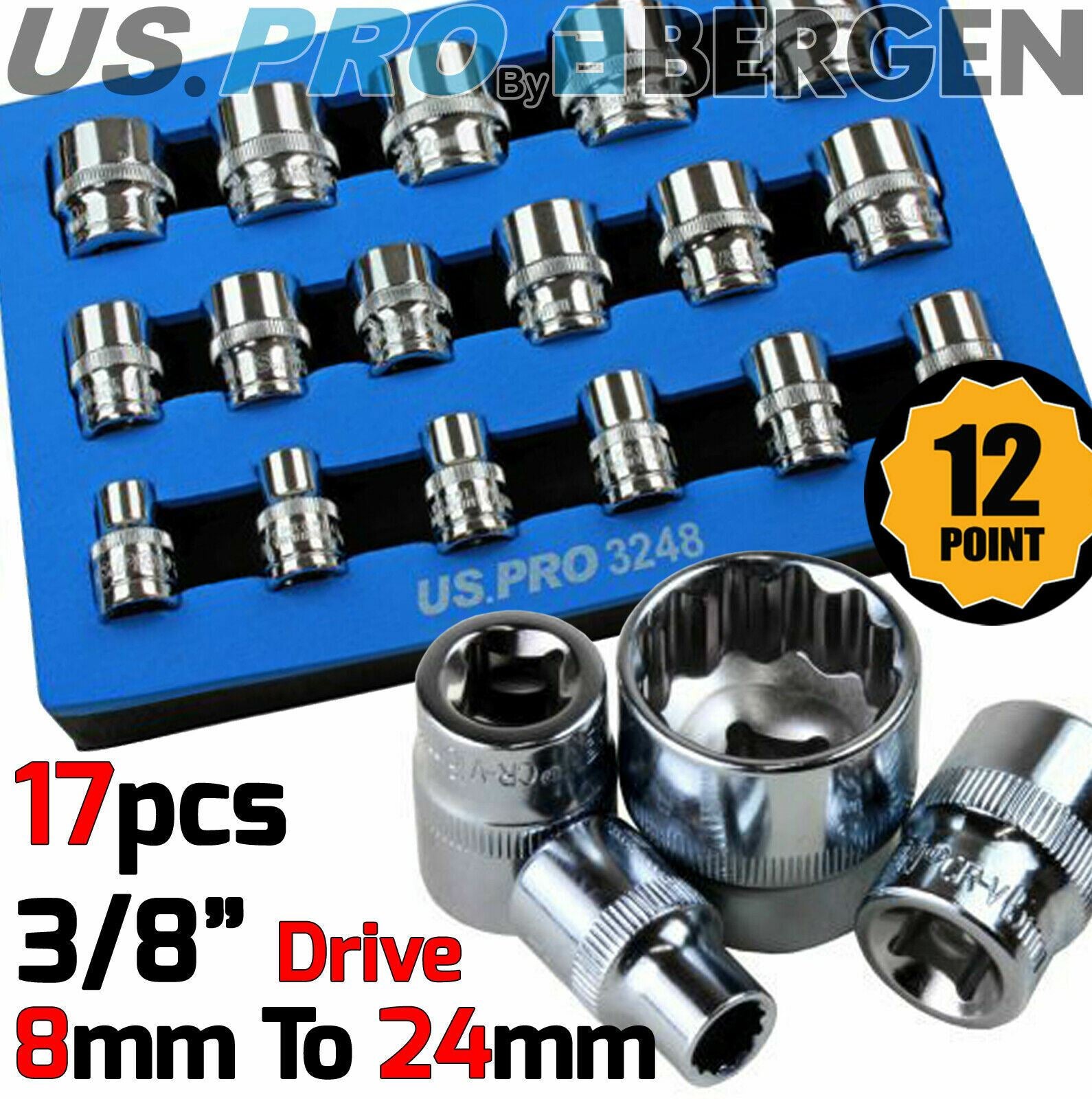 US PRO 17PCS 3/8" DRIVE 12 POINT SHALLOW SOCKETS 8MM - 24MM