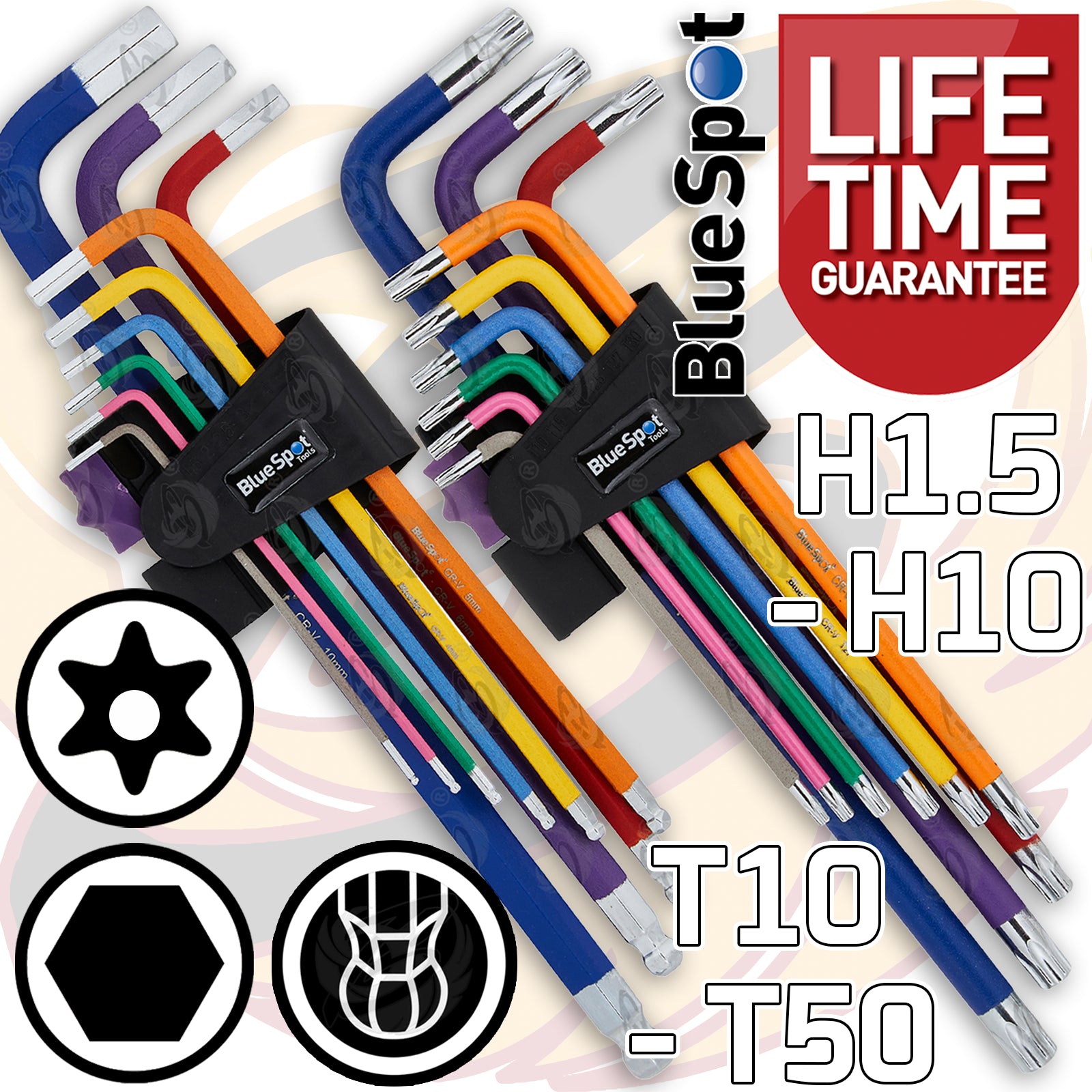 BLUESPOT 18PCS COLOUR CODED TAMPERPROOF TORX & BALL END HEX KEY SETS