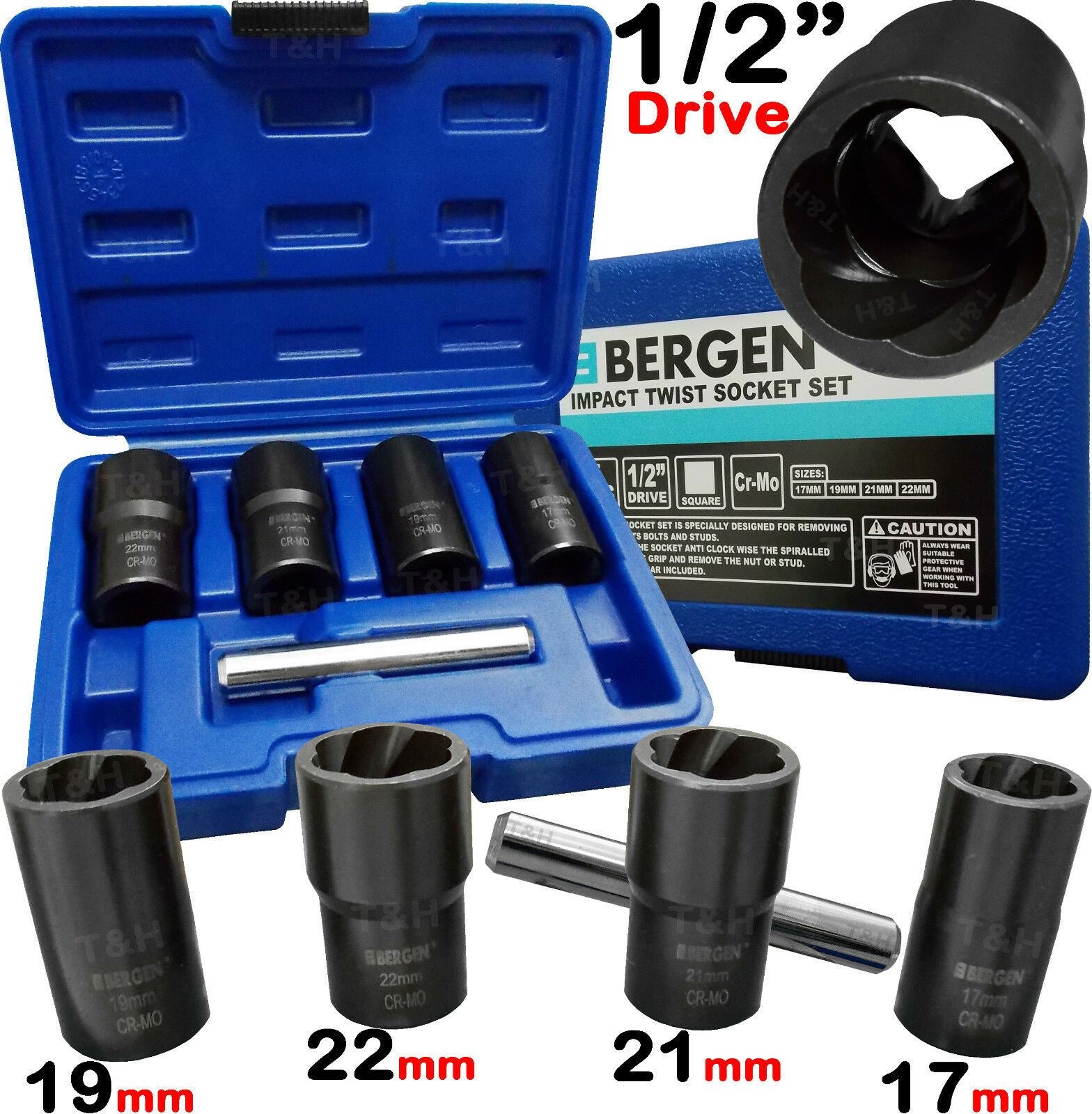 US PRO 5PCS 1/2" DRIVE IMPACT TWIST SOCKETS 17MM - 22MM