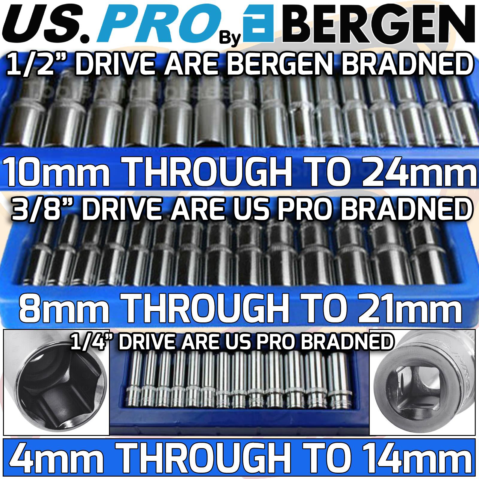 US PRO 42PCS 1/4" & 3/8" & 1/2" DRIVE 6 POINT DEEP SOCKETS 4MM - 24MM