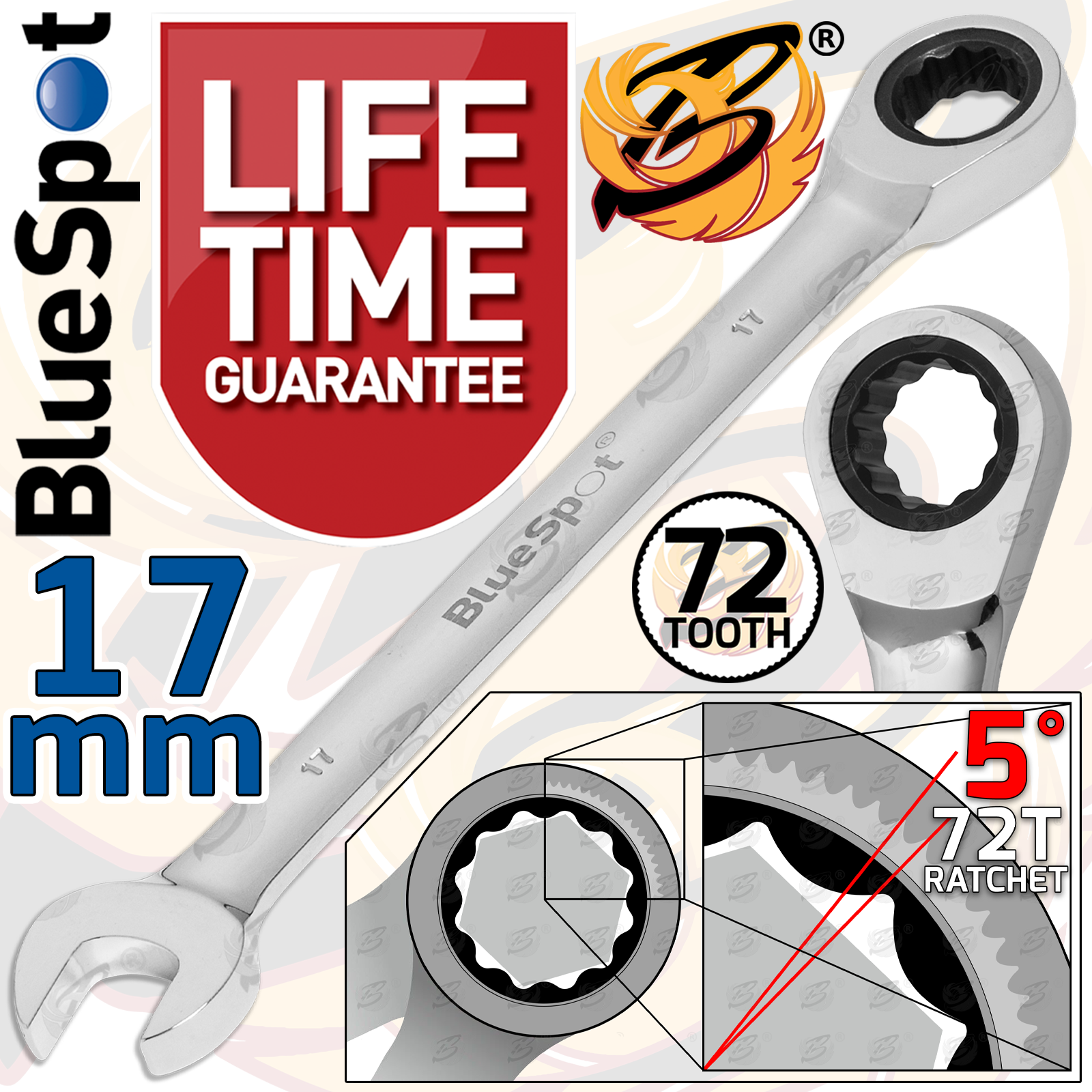 BlueSpot 17mm 72 Tooth Ratchet Spanner ( Single ) 05112