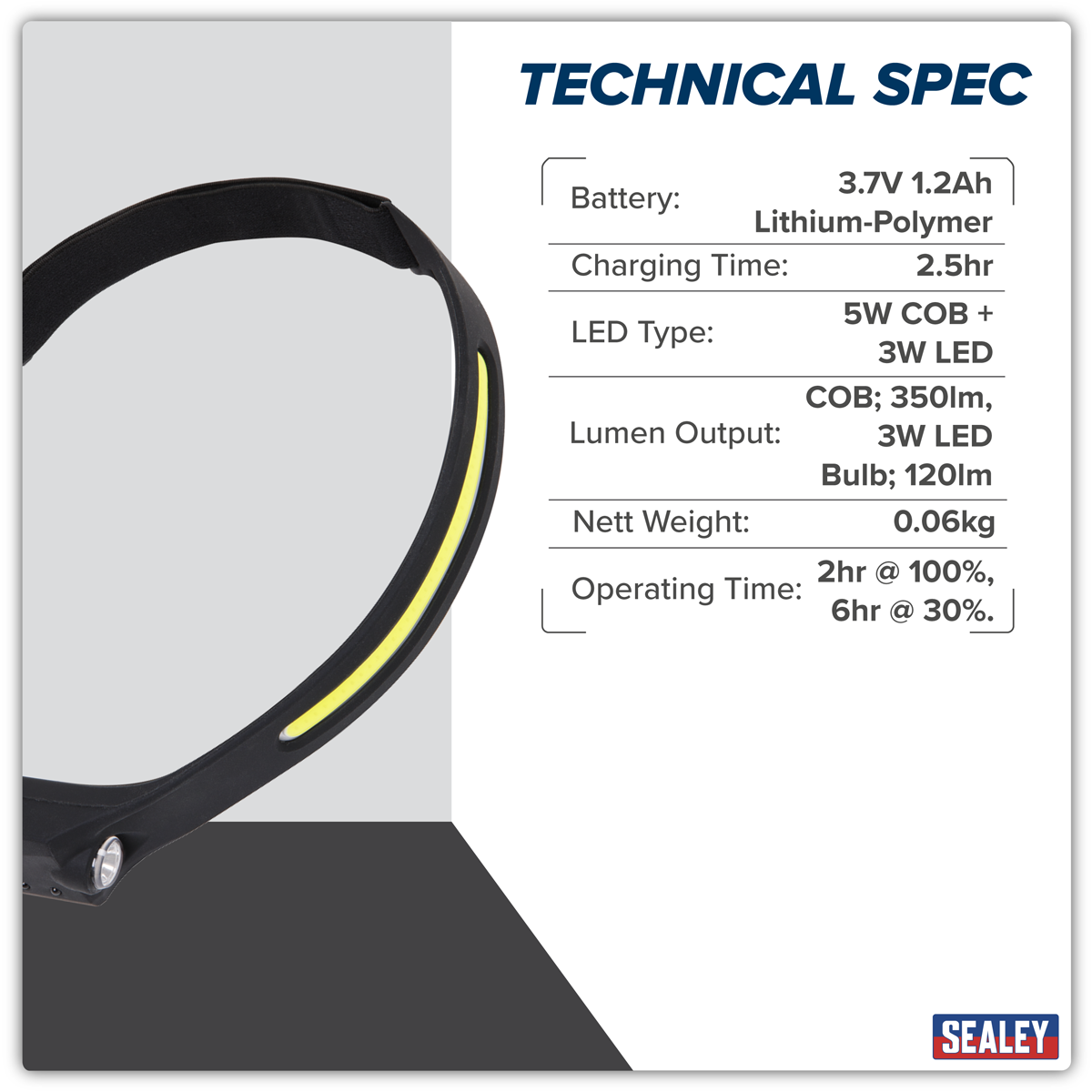 Sealey Rechargeable Head Torch with Auto-Sensor 5W COB & 3W LED  HT104R