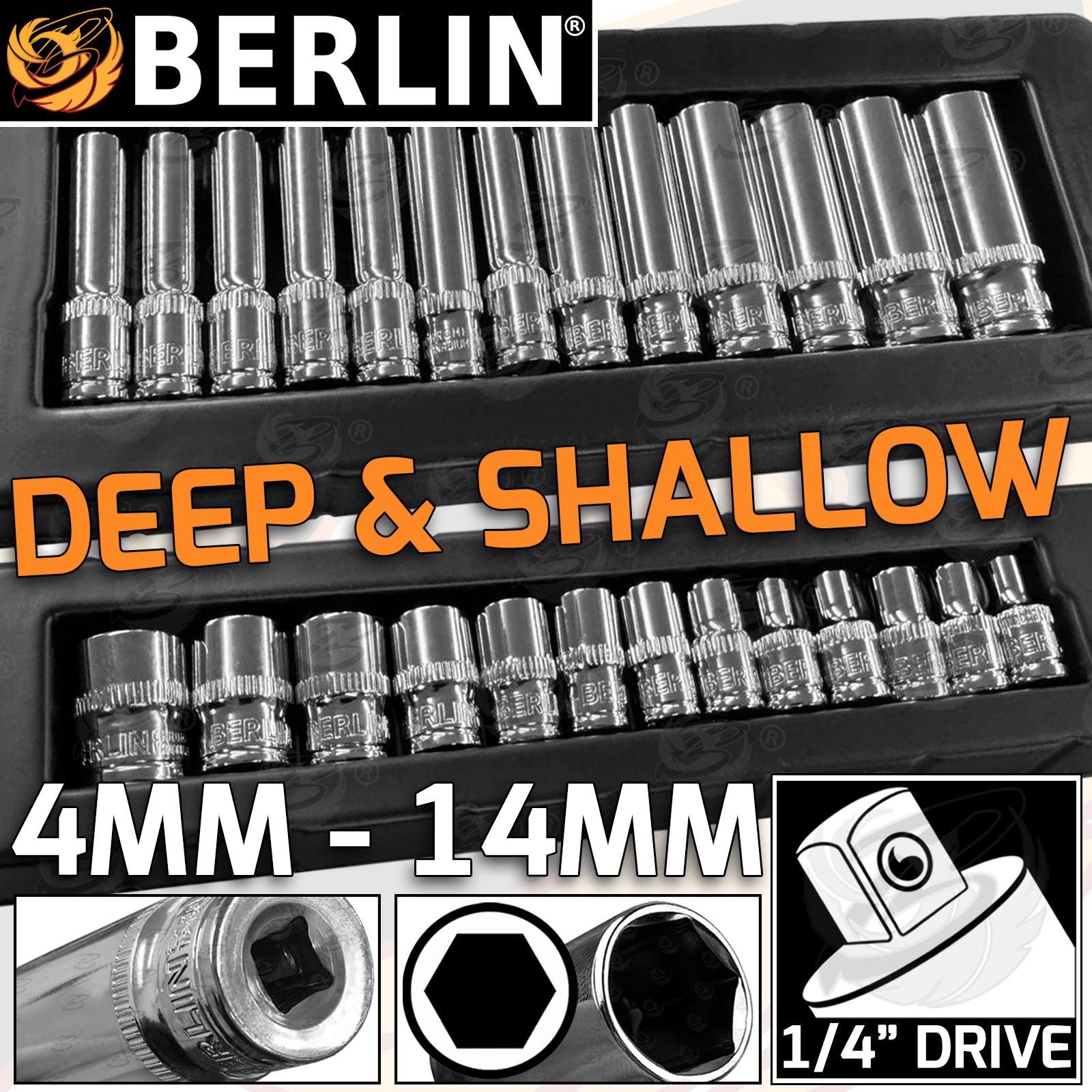 BERLIN 26PCS 1/4" DRIVE 6 POINT DEEP & SHALLOW SOCKETS 4MM - 14MM