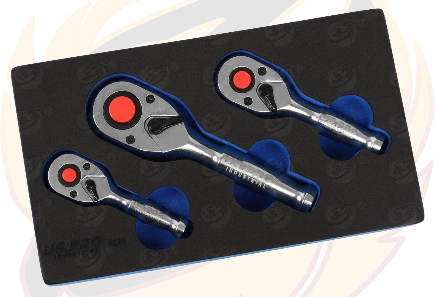 US Pro Industrial 3 Piece 1/4" & 3/8" & 1/2" Drive 90 Tooth Stubby Ratchet Handles  4224