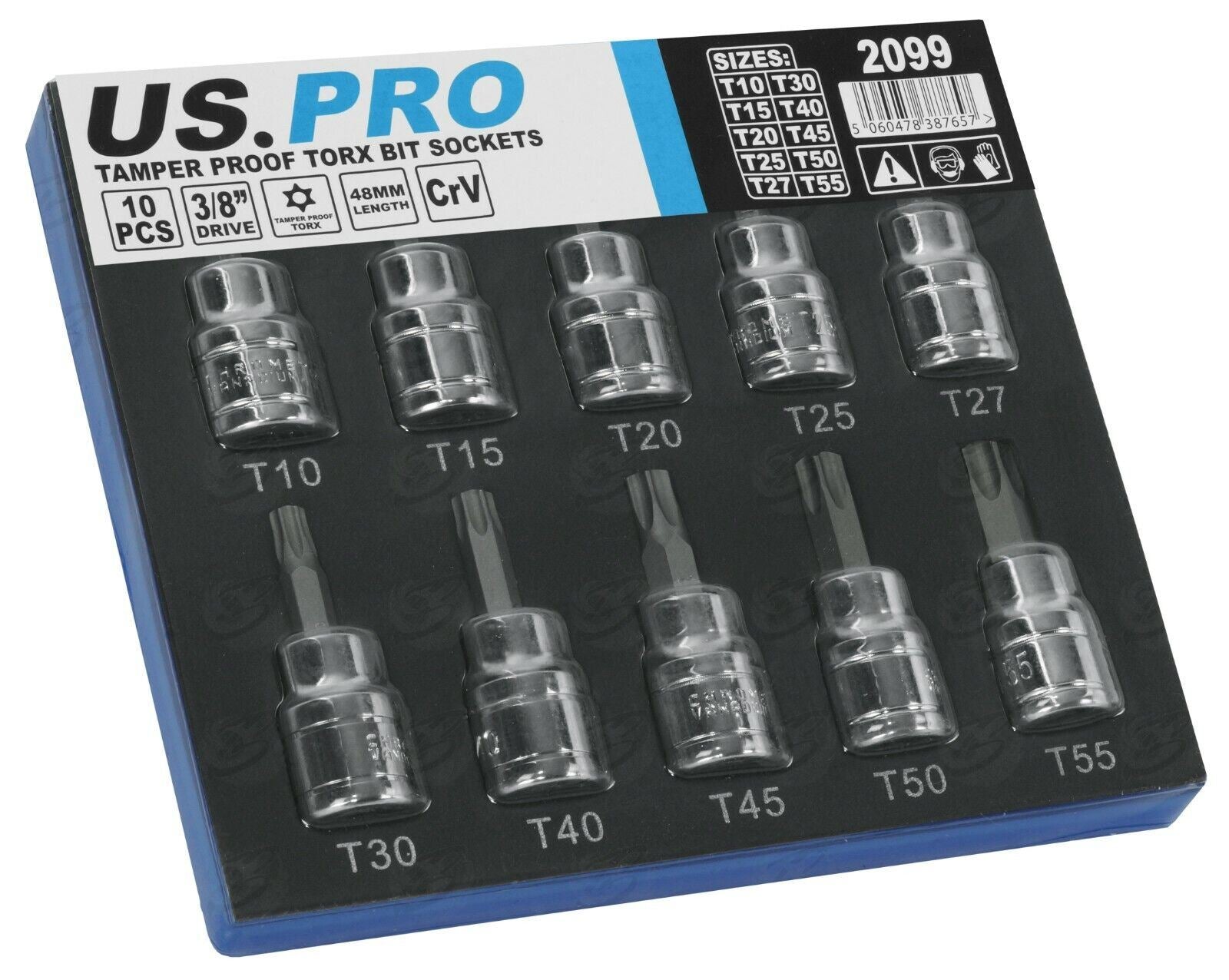 US Pro Tamper Proof Torx Bit Socket Set 3/8" Security Torx Star Sockets T10-T55 ( 2099 )  2099