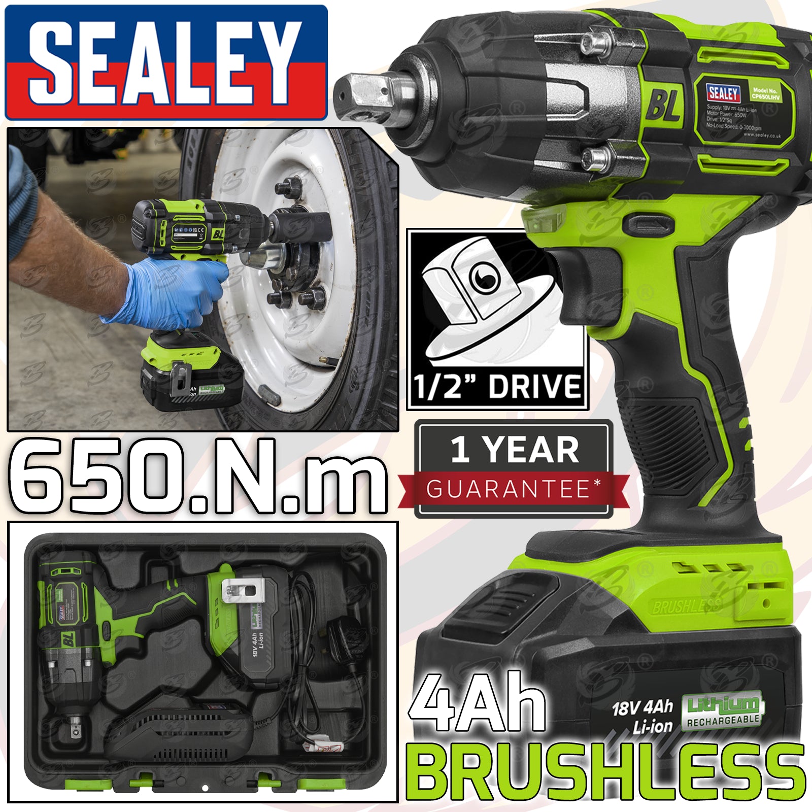 SEALEY 18V 4Ah 1/2" DRIVE BRUSHLESS CORDLESS IMPACT WRENCH 650Nm & 13PCS 6 POINT SHALLOW IMPACT SOCKETS 10MM - 24MM