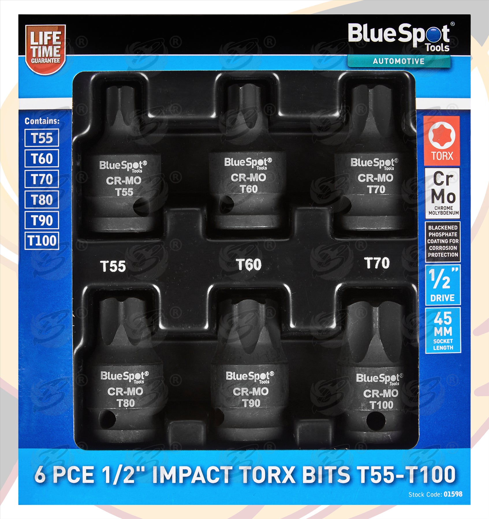 BLUESPOT 6PCS 1/2" DRIVE IMPACT TORX BIT SOCKETS T55 - T100