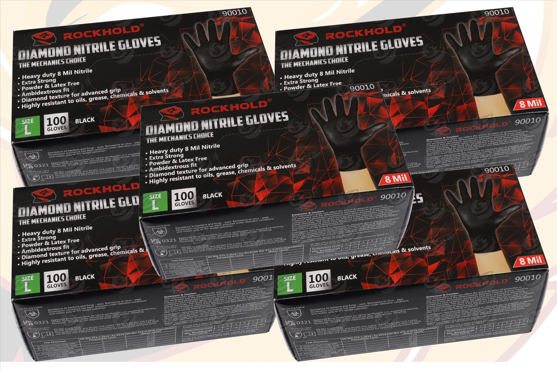 ROCKHOLD HEAVY DUTY BLACK 8 MIL NITRILE DIAMOND GRIP GLOVES ( LARGE - 500 GLOVES )