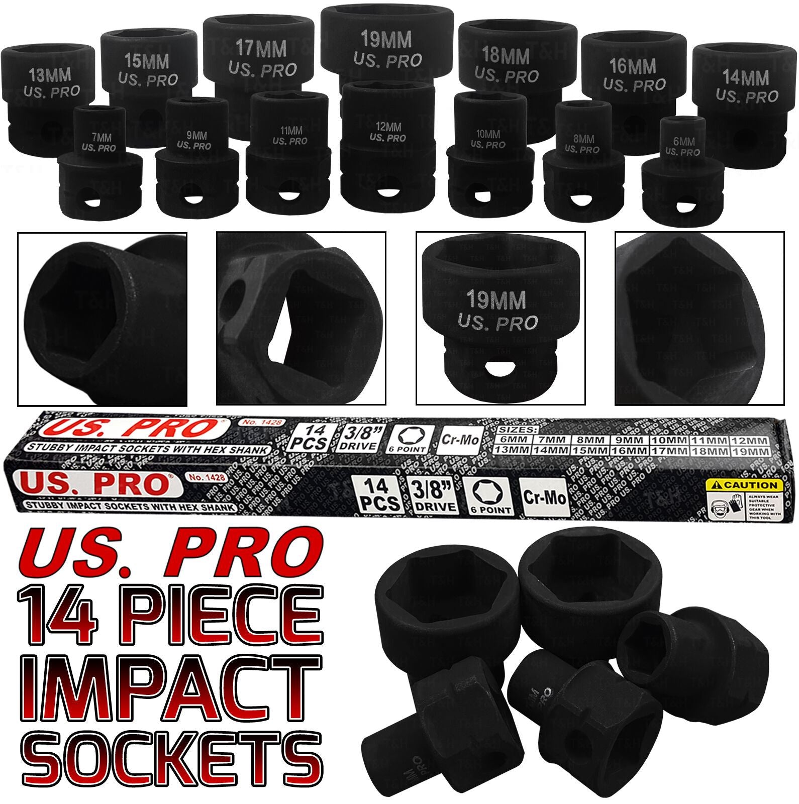 US PRO 14PCS 3/8" DRIVE 6 POINT SHALLOW IMPACT SOCKETS 6MM - 19MM