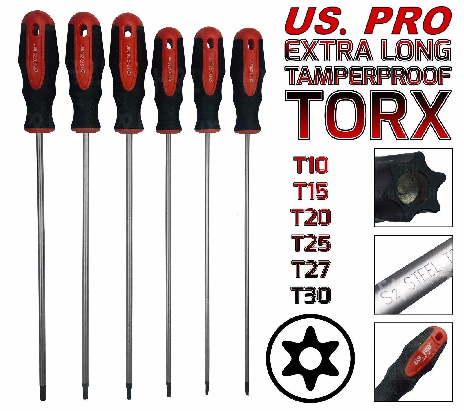 US PRO 6PCS EXTRA LONG MAGNETIC TAMPERPROOF TORX SCREWDRIVERS T10 - T30