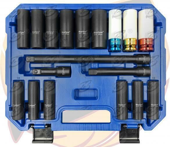 BLUESPOT 18PCS 1/2" DRIVE 6 POINT DEEP IMPACT SOCKETS & EXTENSIONS 10MM - 24MM
