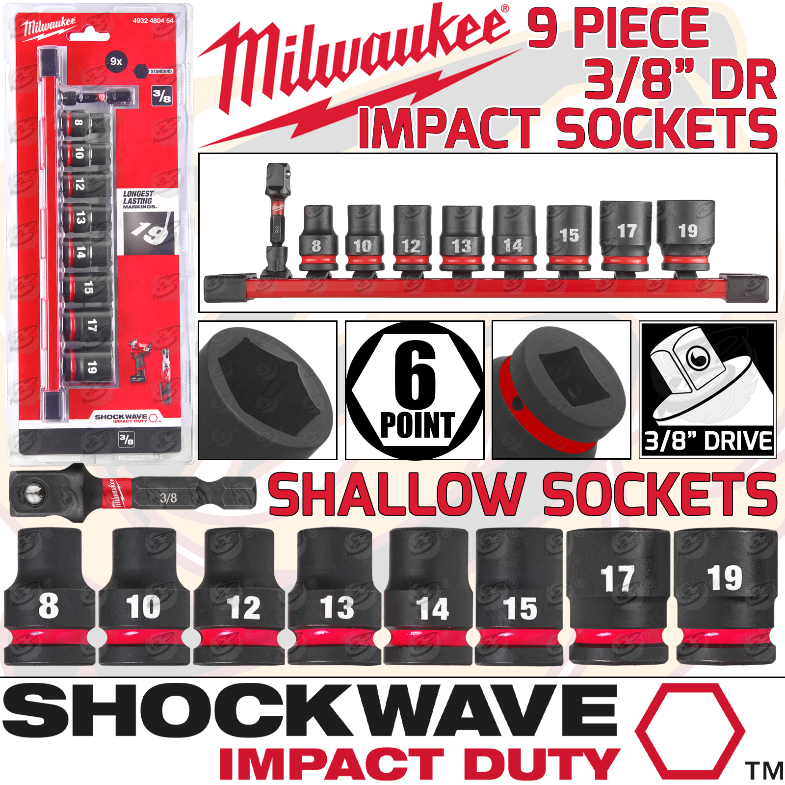 Milwaukee 9 Piece 3/8" Drive 6 Point Shallow Impact Sockets 8mm - 19mm ( Shockwave Impact Duty ) ( 4932480454 )