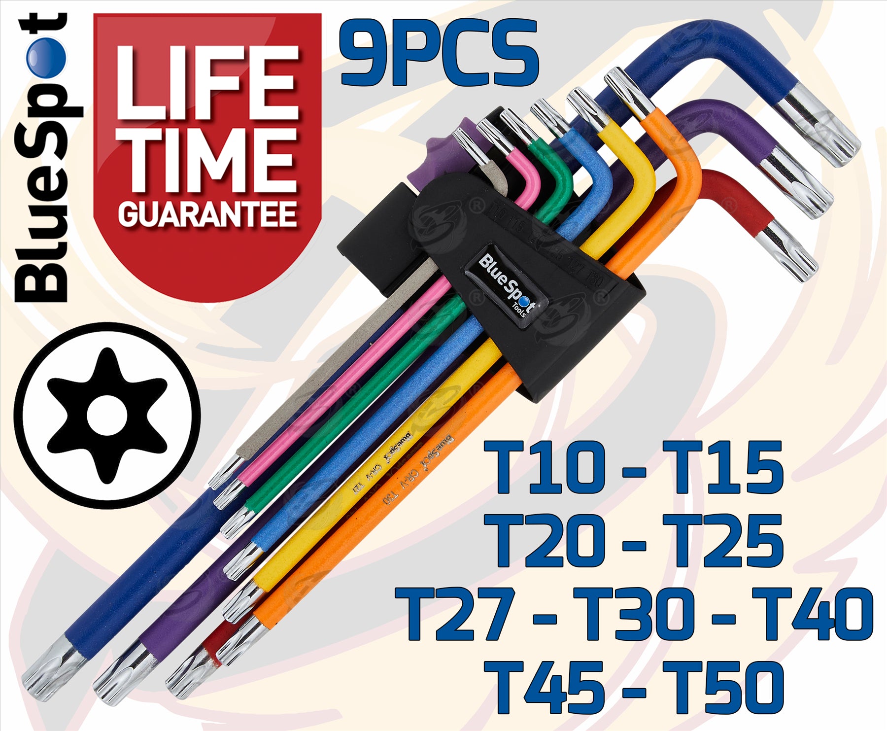 BLUESPOT 9PCS EXTRA LONG COLOUR CODED TAMPER TORX KEY SET ( T10 - T50 )
