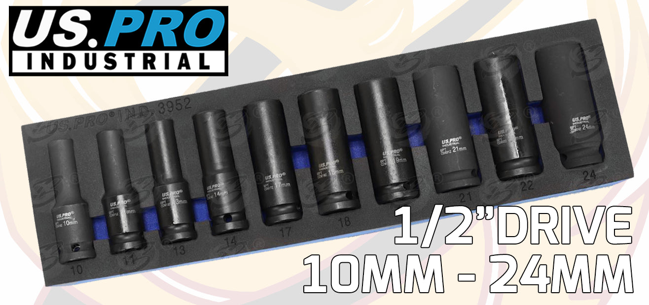 US PRO INDUSTRIAL 10PCS 1/2" DRIVE 6 POINT DEEP IMPACT SOCKETS 10MM - 24MM