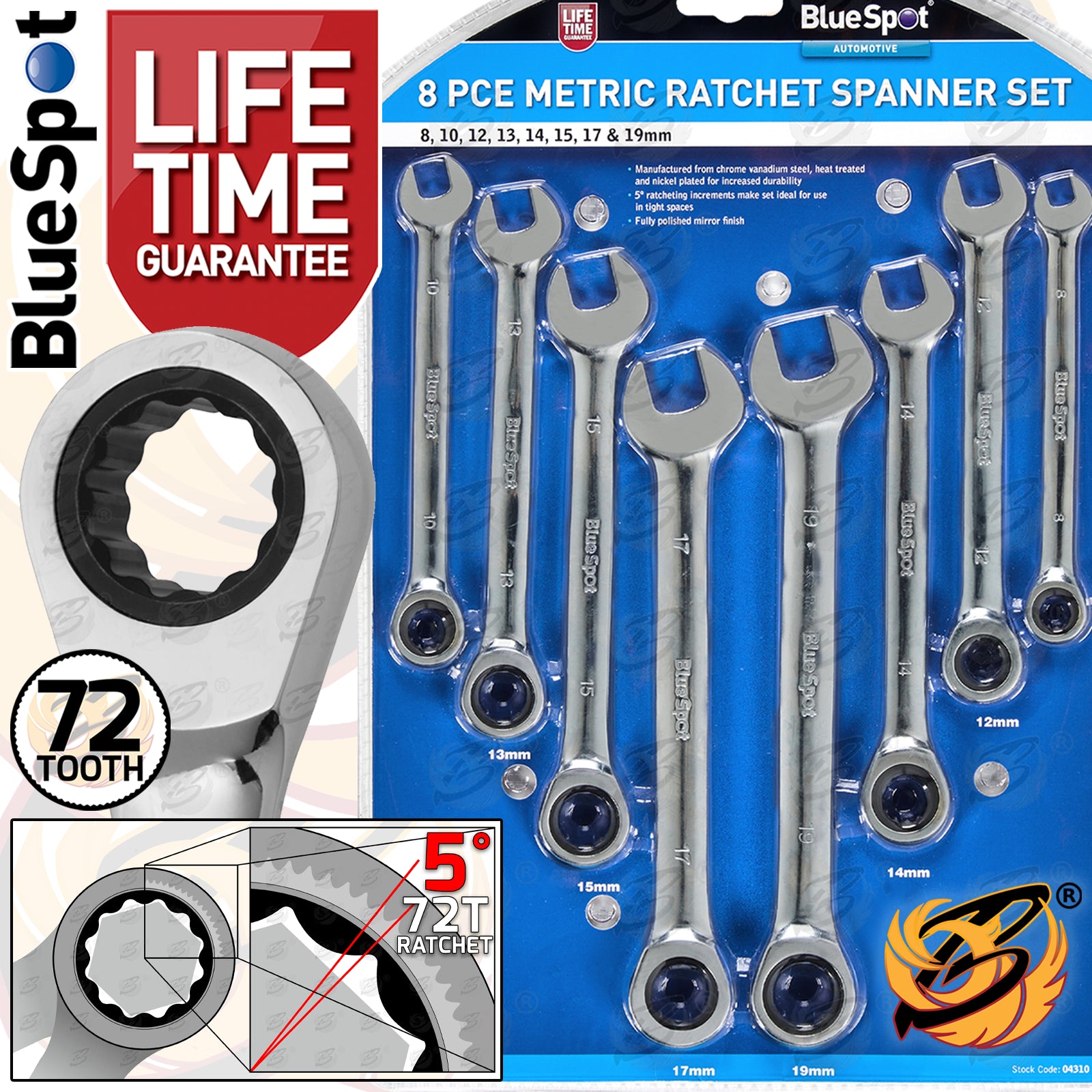 BLUESPOT 8PCS RATCHET SPANNER SET 8MM - 19MM
