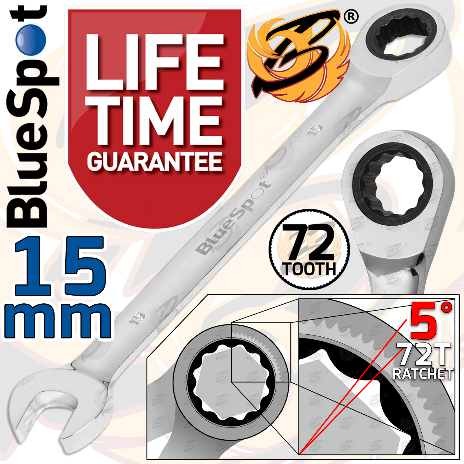 BlueSpot 15mm 72 Tooth Ratchet Spanner ( Single ) 05110