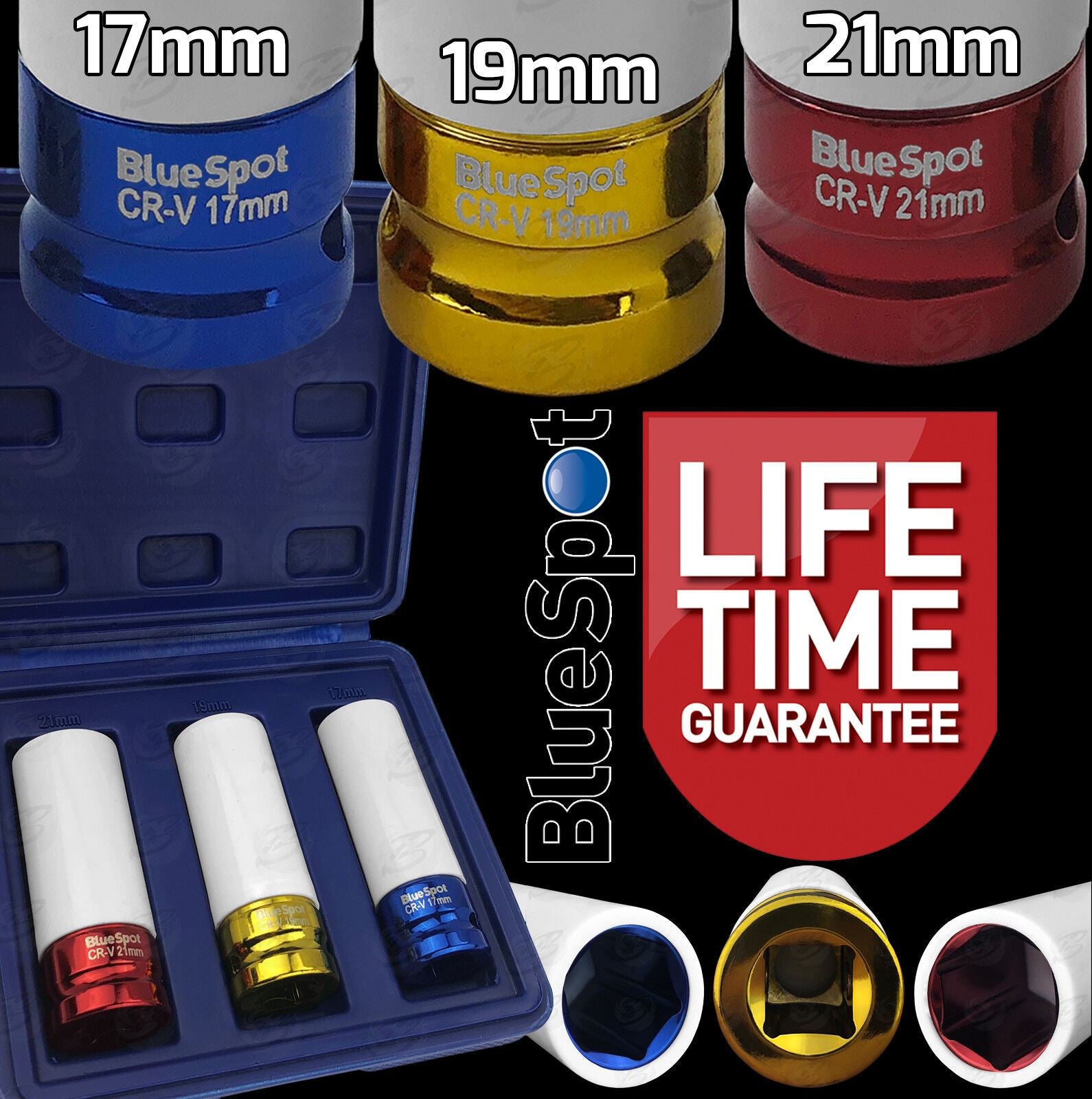 BLUESPOT 3PCS 1/2" DRIVE 6 POINT ALLOY WHEEL NUT SOCKETS 17MM - 19MM - 21MM