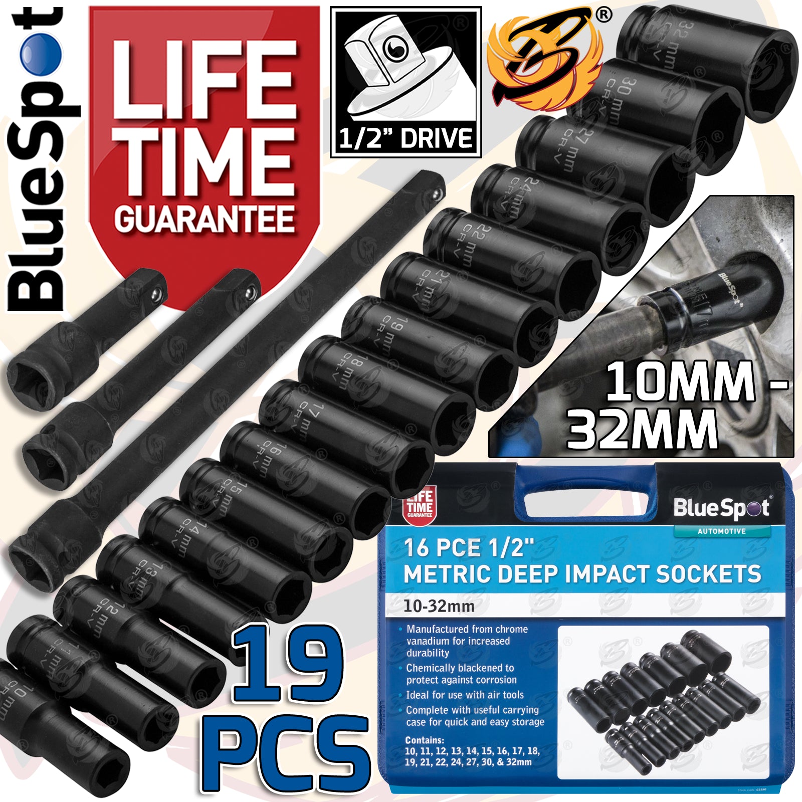 BLUESPOT 19PCS 1/2" DRIVE 6 POINT DEEP IMPACT SOCKETS & EXTENSION BARS 10MM - 32MM