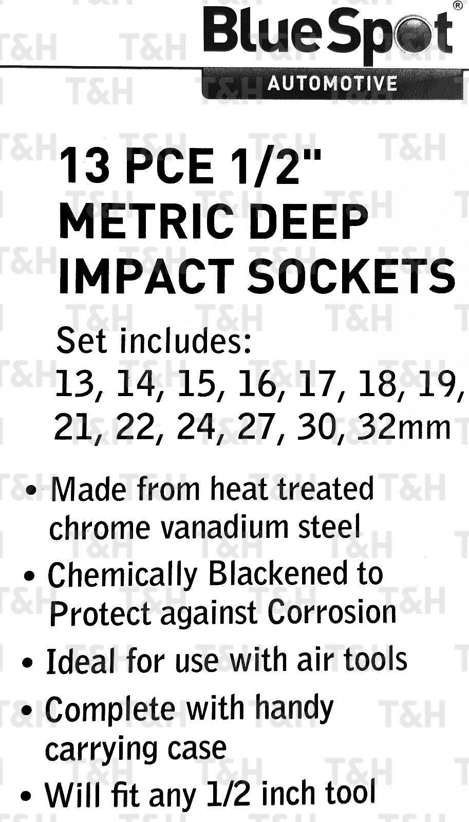 BLUESPOT 13PCS 1/2" DRIVE 6 POINT DEEP IMPACT SOCKETS 13MM - 32MM