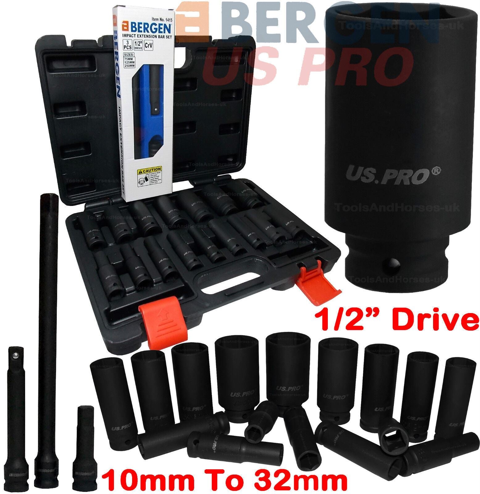 US PRO 19PCS 1/2" DRIVE 6 POINT DEEP IMPACT SOCKETS & EXTENSIONS 10MM - 32MM