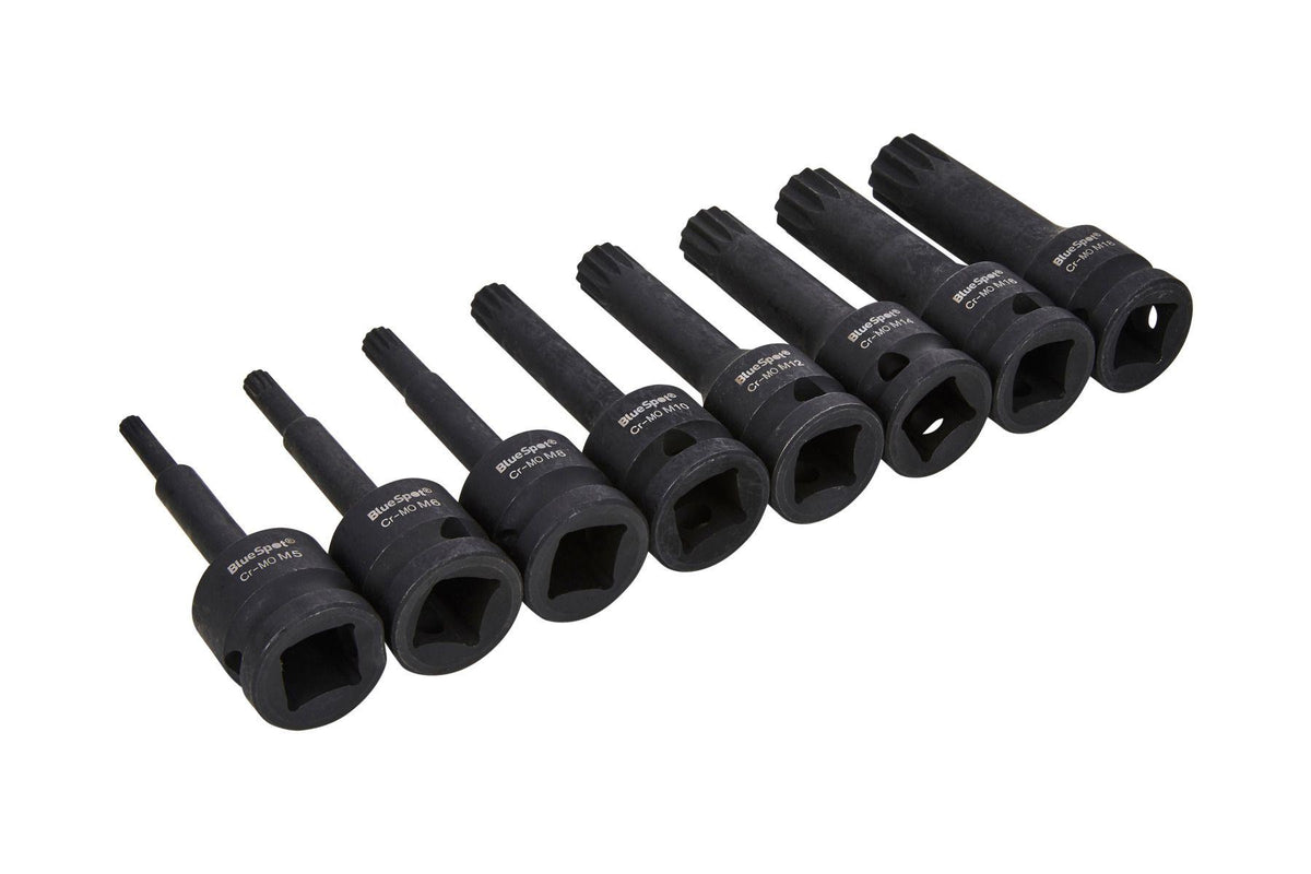 BlueSpot 8 Piece 1/2" Drive Impact Spline Bit Sockets M5 - M18 With A Manufacturers LifeTime Guarantee 01501