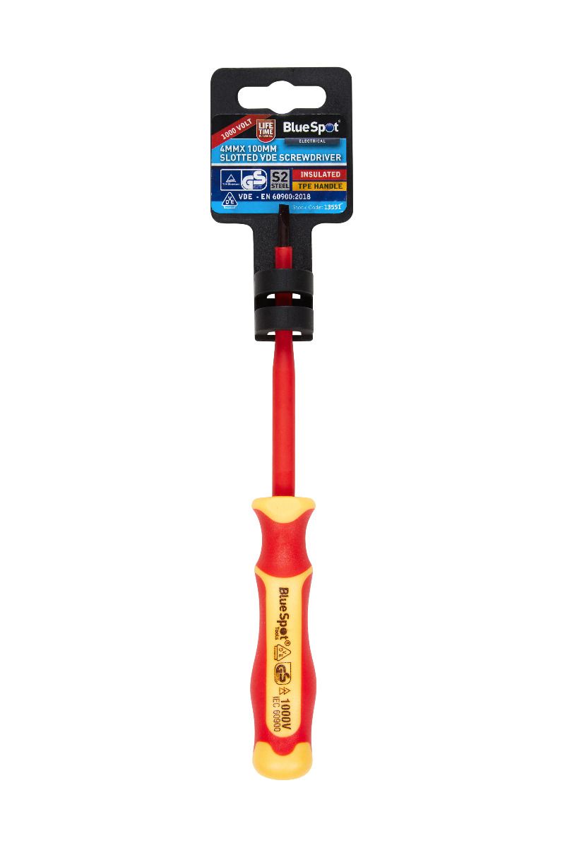 BlueSpot 4mm x 100mm Slotted VDE Screwdriver With A Manufacturers LifeTime Guarantee 13551