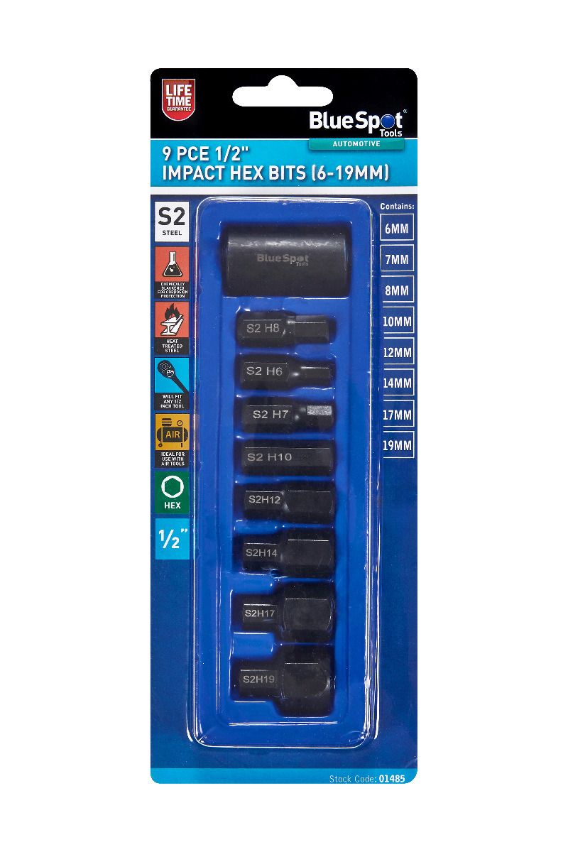 BlueSpot 9 Piece 1/2" Drive Impact Hex Bit Sockets H6 - M19 With A Manufacturers LifeTime Guarantee 01485