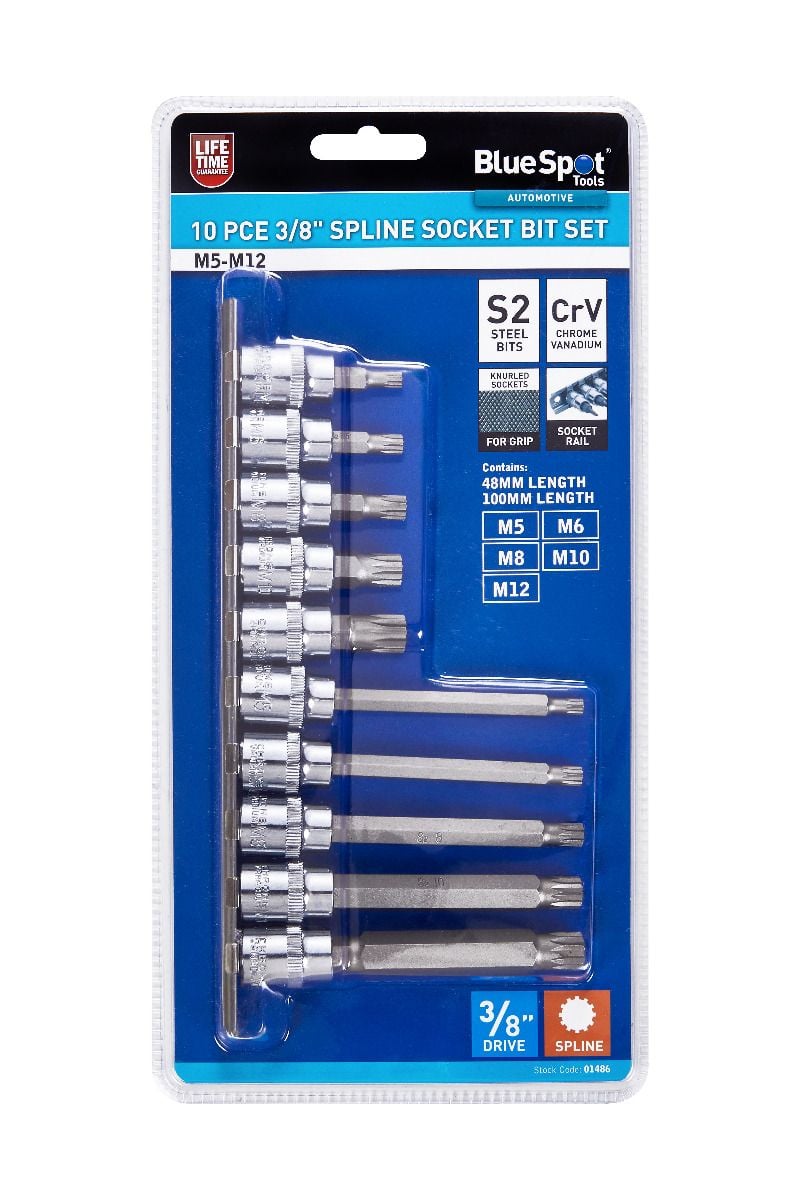 BlueSpot 10 Piece 3/8" Drive Spline Socket Bit Set ( M5 - M12 ) With A Manufacturers LifeTime Guarantee 01486