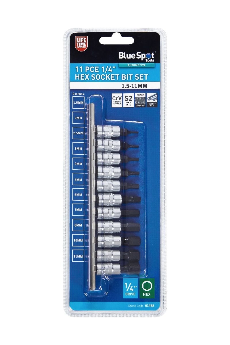 BlueSpot 11 Piece 1/4" Drive Hex Socket Bit Set ( H1.5 - H11 ) With A Manufacturers LifeTime Guarantee 01488