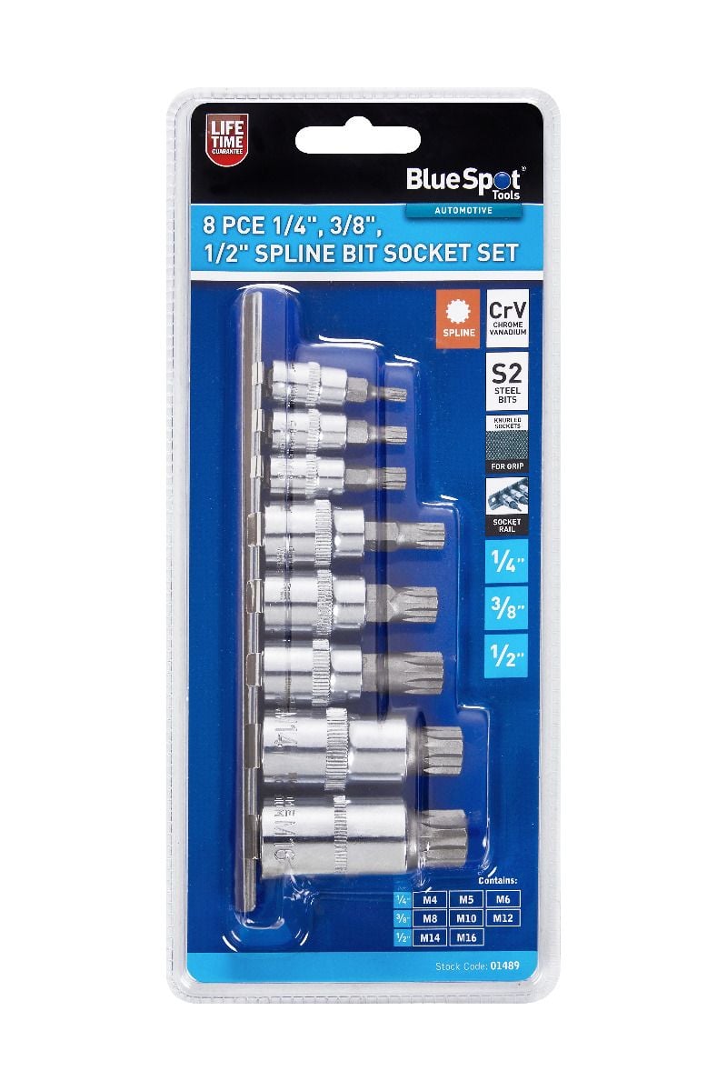 BlueSpot 8 Piece 1/4", 3/8", 1/2" Drive Spline Bit Socket Set ( M4 - M16 ) With A Manufacturers LifeTime Guarantee 01489
