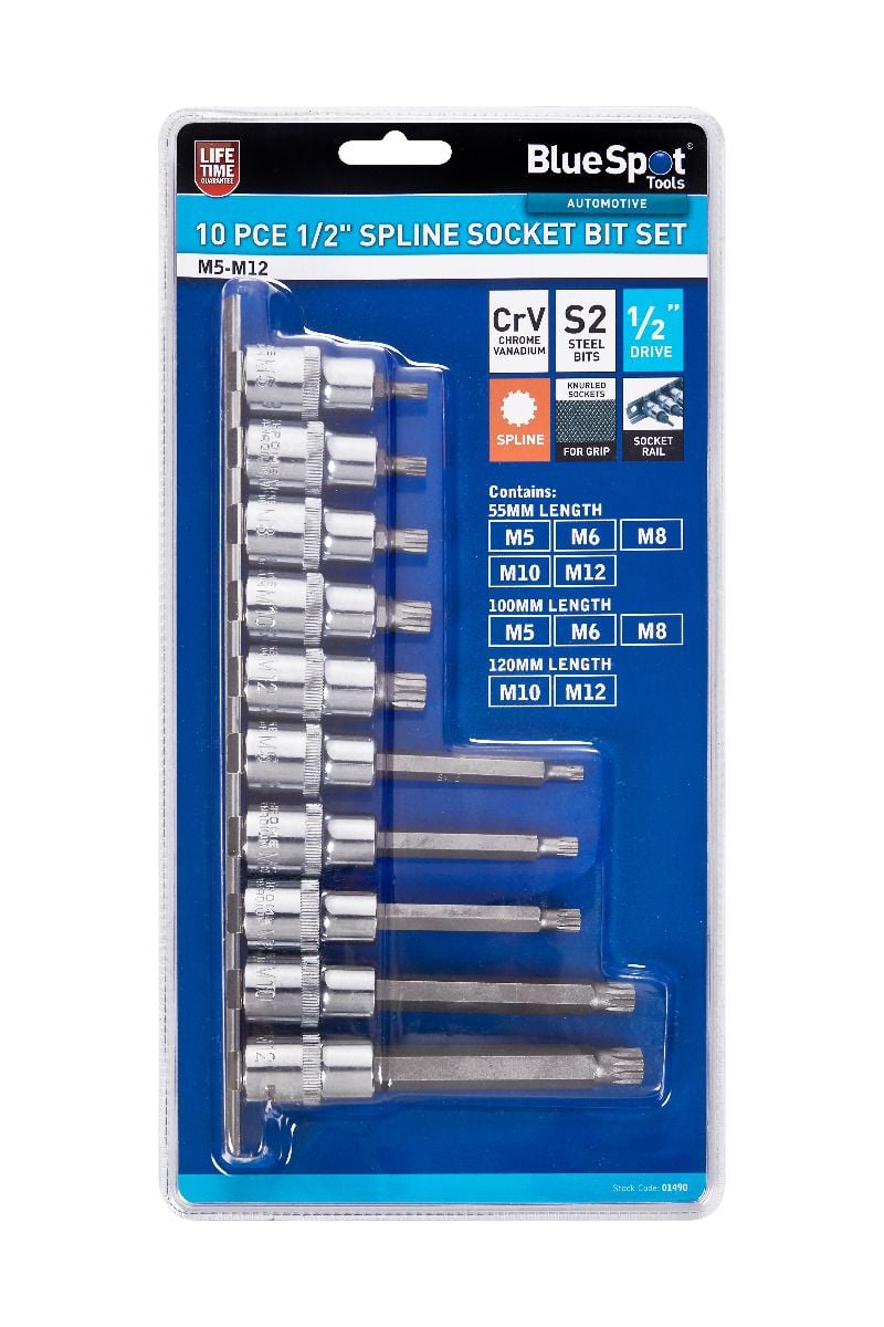 BlueSpot 10 Piece 1/2" Drive Spline Socket Bit Set ( M5 - M12 ) With A Manufacturers LifeTime Guarantee 01490