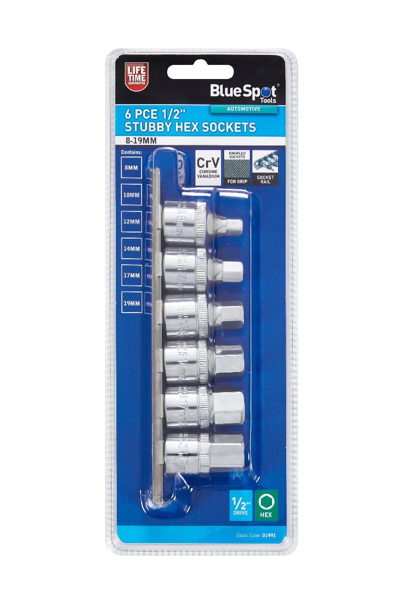 BlueSpot 6 Piece 1/2" Drive Stubby Hex Sockets ( H8 - H19 ) With A Manufacturers LifeTime Guarantee 01491