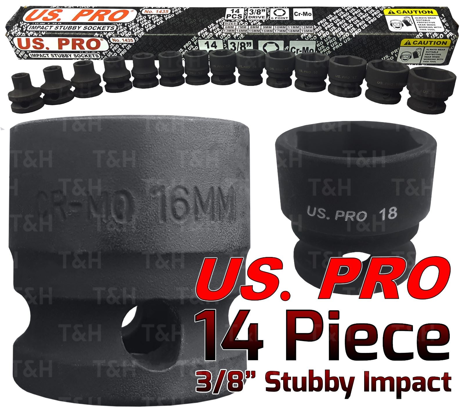 US PRO 14PCS 3/8" DRIVE 6 POINT SHALLOW IMPACT SOCKETS 6MM - 19MM