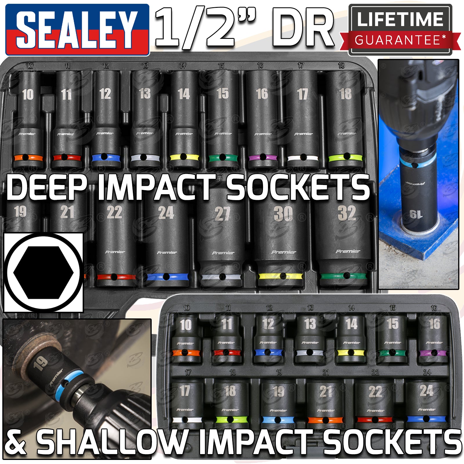 SEALEY 29PCS 1/2" DRIVE 6 POINT DEEP & SHALLOW IMPACT SOCKETS 10MM - 32MM